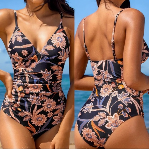 Cupshe Other - Cupshe Floral One Piece Swimsuit - Black and Orange